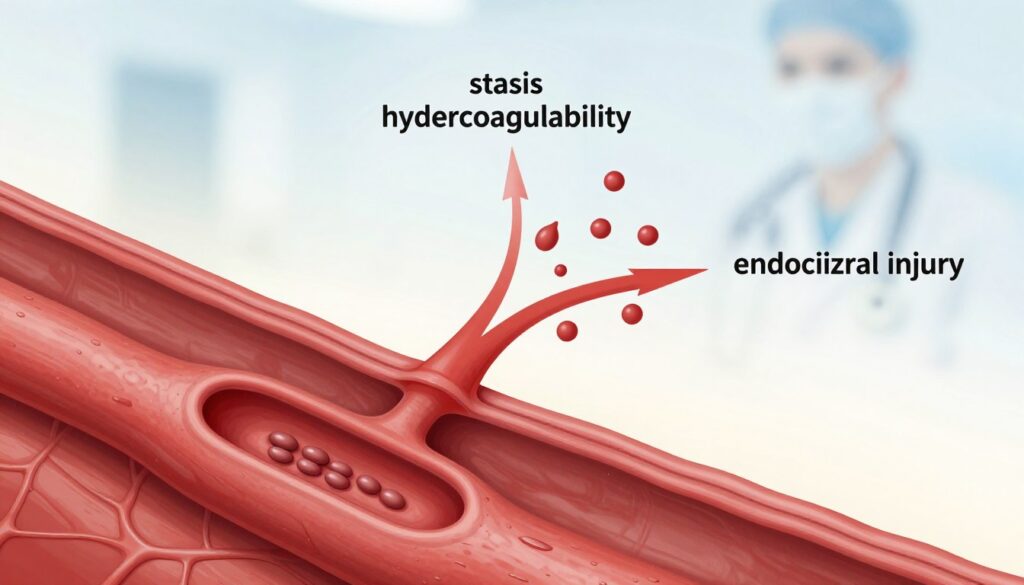 A detailed illustration of Virchow's triad related to blood flow, showcasing three key components: stasis, hypercoagulability, and endothelial injury. In the foreground, an anatomical diagram visualizes blood vessels, demonstrating thrombosis inside a deep vein. In the middle ground, an abstract representation of risk factors such as reduced blood flow, changes in blood composition, and vessel wall damage, perhaps using graphical elements like arrows to indicate the interplay. In the background, a subtle gradient suggesting a clinical environment with soft lighting to evoke a professional atmosphere. Opt for a top-down angle to emphasize the triad concept, ensuring clarity and focus on the depicted elements, while maintaining a clean and scientific aesthetic, free from any text or distracting elements.