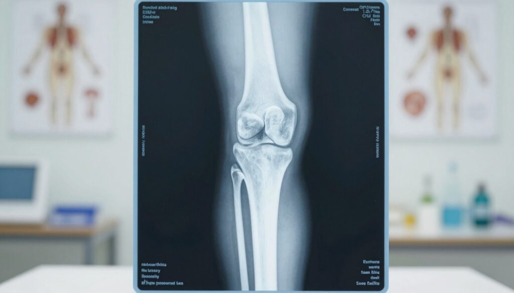 A detailed illustration of a knee joint X-ray, emphasizing the anatomical structures clearly visible in the radiographic image. In the foreground, focus on the knee joint itself, showing distinct features like the femur, tibia, fibula, patella, and surrounding soft tissues. The middle ground should include subtle text labels, reminiscent of medical annotations, indicating potential conditions like osteoarthritis or ligament tears. In the background, a softly blurred clinical environment, hinting at a doctor's office with anatomical charts and medical instruments to add context. Use bright, clinical lighting to highlight the clarity of the X-ray image, and a slight depth of field to emphasize the knee joint while gently fading out the background. The mood should convey professionalism and clarity, suitable for a medical reference. A detailed illustration of a knee joint X-ray, emphasizing the anatomical structures clearly visible in the radiographic image. In the foreground, focus on the knee joint itself, showing distinct features like the femur, tibia, fibula, patella, and surrounding soft tissues. The middle ground should include subtle text labels, reminiscent of medical annotations, indicating potential conditions like osteoarthritis or ligament tears. In the background, a softly blurred clinical environment, hinting at a doctor's office with anatomical charts and medical instruments to add context. Use bright, clinical lighting to highlight the clarity of the X-ray image, and a slight depth of field to emphasize the knee joint while gently fading out the background. The mood should convey professionalism and clarity, suitable for a medical reference.