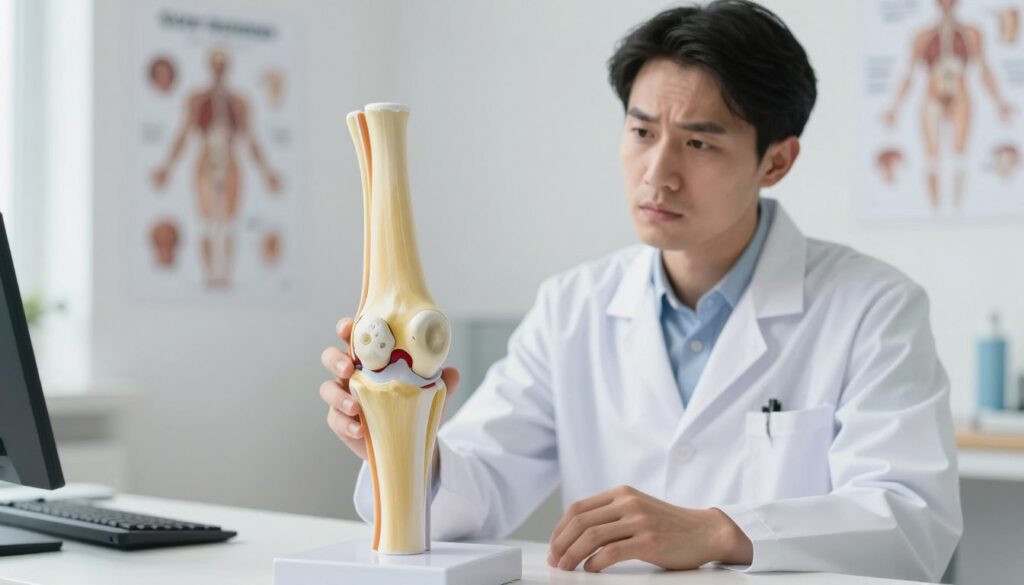 A detailed illustration of a knee joint, focusing on the "staw kolanowy" (knee joint) in a clinical setting. In the foreground, prominently feature a realistic 3D anatomical model of the knee joint, showcasing ligaments, cartilage, and the patella. The middle ground includes a healthcare professional in a white lab coat, examining the model with a look of concentration, reflecting concern for potential postoperative risks and complications. The background is softly blurred, depicting a well-lit medical office with anatomical charts and surgical tools. Use natural lighting to create a calm and serious atmosphere, emphasizing professionalism. The composition should convey a sense of urgency and care while remaining educational and informative.