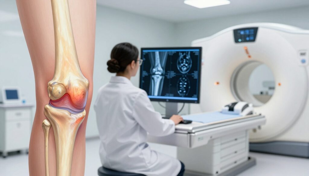 A detailed illustration of a knee joint imaging process, showcasing advanced diagnostic techniques. In the foreground, a highly detailed digital illustration of a knee joint with highlighted zones of degeneration, clearly showing cartilage wear and bone spurs. The middle layer features a medical professional in a lab coat, focused on interpreting an MRI scan displayed on a high-tech screen, with visible knee imaging results. In the background, a modern medical environment, including imaging equipment like an MRI machine, with soft lighting creating a clinical but inviting atmosphere. The image should convey a sense of professionalism and technological advancement, illustrating the importance of imaging in diagnosing knee osteoarthritis.