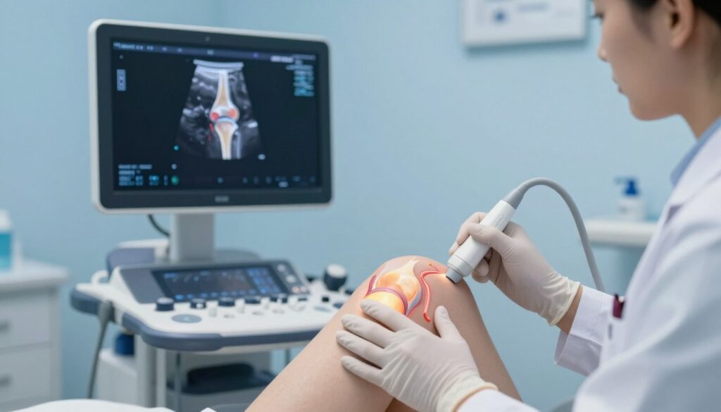 A detailed illustration of a knee joint undergoing evaluation under ultrasound guidance, showcasing the intricacies of the stawu kolanowego. In the foreground, a medical professional dressed in a white coat and gloves closely examines a knee with a high-frequency ultrasound probe, focusing on the joint's anatomy. Highlight the knee's ligaments, cartilage, and surrounding tissues, illuminated by soft, diffuse lighting to enhance visibility of details. In the middle background, a high-resolution ultrasound screen displays real-time images of the knee’s internal structures, creating an informative and clinical atmosphere. The backdrop includes a well-equipped medical examination room, with sterile instruments and a calming blue color palette, promoting a sense of safety and professionalism. The overall mood is one of precision and care, reflecting the importance of ultrasound in therapeutic knee procedures.