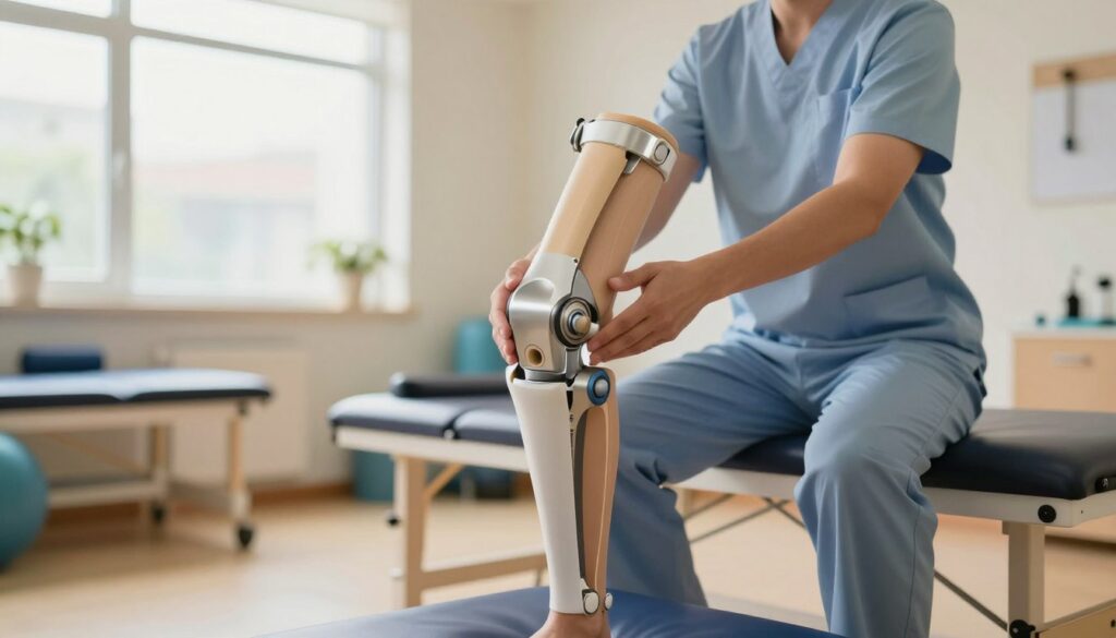 A detailed illustration of a knee prosthesis, positioned prominently in the foreground, showcasing the intricate design of the implant, made of metal and polymer components. In the middle ground, a healthcare professional in modest attire is demonstrating proper exercises post-surgery, ensuring safety and effective rehabilitation. The background features a well-lit rehabilitation center, complete with supportive equipment and calming colors, evoking a sense of safety and professionalism. Soft, natural lighting filters through large windows, enhancing the warm atmosphere. The angle captures both the prosthesis and the exercises, conveying a clear focus on rehabilitation practices while maintaining a supportive vibe suitable for patients embarking on their recovery journey. A detailed illustration of a knee prosthesis, positioned prominently in the foreground, showcasing the intricate design of the implant, made of metal and polymer components. In the middle ground, a healthcare professional in modest attire is demonstrating proper exercises post-surgery, ensuring safety and effective rehabilitation. The background features a well-lit rehabilitation center, complete with supportive equipment and calming colors, evoking a sense of safety and professionalism. Soft, natural lighting filters through large windows, enhancing the warm atmosphere. The angle captures both the prosthesis and the exercises, conveying a clear focus on rehabilitation practices while maintaining a supportive vibe suitable for patients embarking on their recovery journey.
