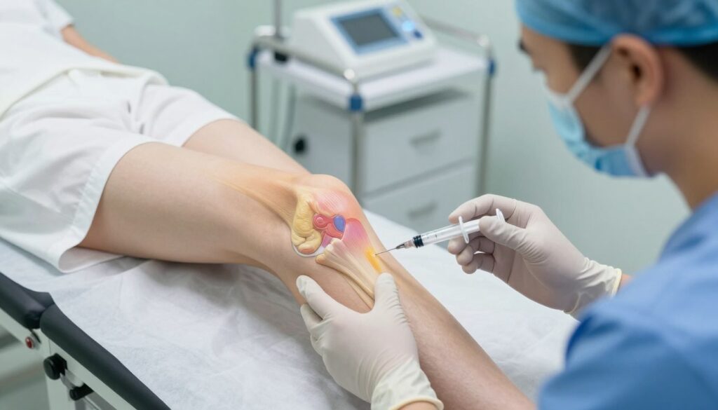 A detailed illustration of an arthrocentesis procedure being performed on a knee joint. In the foreground, a medical professional wearing scrubs and gloves carefully uses a syringe to extract excess fluid from a patient's knee. The middle ground showcases the patient's leg positioned on a medical examination table, revealing the knee joint and surrounding anatomy in a clear and educational manner. In the background, a well-lit clinical setting with medical tools and equipment enhances the atmosphere of a professional healthcare environment. The lighting is bright and focused on the knee area, creating an informative and sterile mood, suitable for an educational article. The angle is slightly above eye level, emphasizing the technique being used while maintaining an unobtrusive perspective.