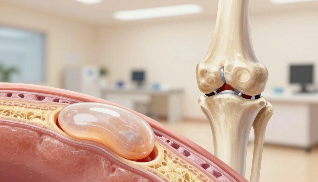 A detailed illustration of articular cartilage in the knee joint, showcasing its intricate structure and function. In the foreground, highlight a close-up of healthy cartilage with a glossy, translucent appearance, displaying its fibrous texture and smooth surface. In the middle ground, present a knee joint with underlying skeletal components, demonstrating the connection between cartilage and the femur and tibia. The background should feature a serene clinical environment, softly lit with a warm, neutral tone to evoke a sense of professionalism and modernity. Use a macro lens perspective to capture intricate details, ensuring clarity and vividness in the textures. The atmosphere should convey a blend of scientific accuracy and accessibility for educational purposes. A detailed illustration of articular cartilage in the knee joint, showcasing its intricate structure and function. In the foreground, highlight a close-up of healthy cartilage with a glossy, translucent appearance, displaying its fibrous texture and smooth surface. In the middle ground, present a knee joint with underlying skeletal components, demonstrating the connection between cartilage and the femur and tibia. The background should feature a serene clinical environment, softly lit with a warm, neutral tone to evoke a sense of professionalism and modernity. Use a macro lens perspective to capture intricate details, ensuring clarity and vividness in the textures. The atmosphere should convey a blend of scientific accuracy and accessibility for educational purposes.
