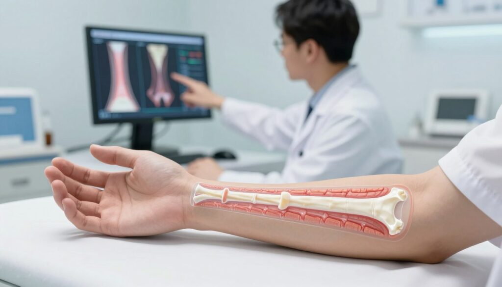 A detailed illustration of bone augmentation healing stages, showcasing a human forearm visibly in a medical setting. In the foreground, a close-up of the forearm with transparent layers revealing the tissue and new bone growth processes. In the middle ground, a medical professional in a lab coat observes and points to a digital display showing diagrams of the regeneration stages. The background features a clinical environment with soft, diffused lighting, emphasizing a clean and sterile atmosphere. The color palette is soothing, using whites and light blues, conveying a sense of hope and healing. The scene is captured from a slightly elevated angle to provide depth and focus on the healing process.