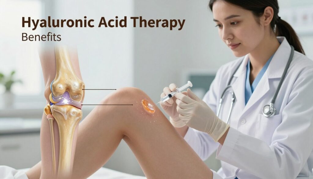 A detailed illustration of knee anatomy emphasizing the benefits of hyaluronic acid therapy. In the foreground, display a patient’s knee joint with clear labeling of the patella, ligaments, and cartilage, intricately showing the effects of hyaluronic acid with a shimmering gel-like texture applied. In the middle ground, include a compassionate doctor, dressed in professional attire, demonstrating the injection procedure with a sterile syringe, ensuring a sense of care and expertise. The background should feature a calming medical clinic setting with soft, diffused lighting to create a reassuring atmosphere. The composition should invoke a sense of healing and hope, highlighting the significance of hyaluronic acid treatment for knee health. Incorporate light reflections on surfaces to enhance realism, focusing on the knee joint for clarity.