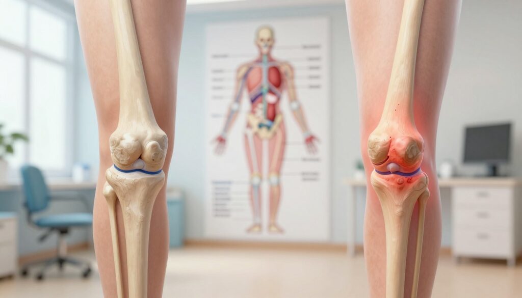 A detailed illustration of knee joint complications, focusing on the internal structure of the knee. The foreground features a 3D-rendered view of a healthy knee alongside an unhealthy knee with visible inflammation and damage. Highlight the differences, showcasing swollen ligaments and deteriorated cartilage. The middle ground shows a softly blurred anatomical diagram highlighting ligaments and bones, labeled for educational clarity. In the background, a calming medical office environment with soft, diffused lighting creates an inviting atmosphere. Use a shallow depth of field to emphasize the knees while allowing the background to provide context without distraction. The mood should be informative yet approachable, striking a balance between medical accuracy and viewer comfort.