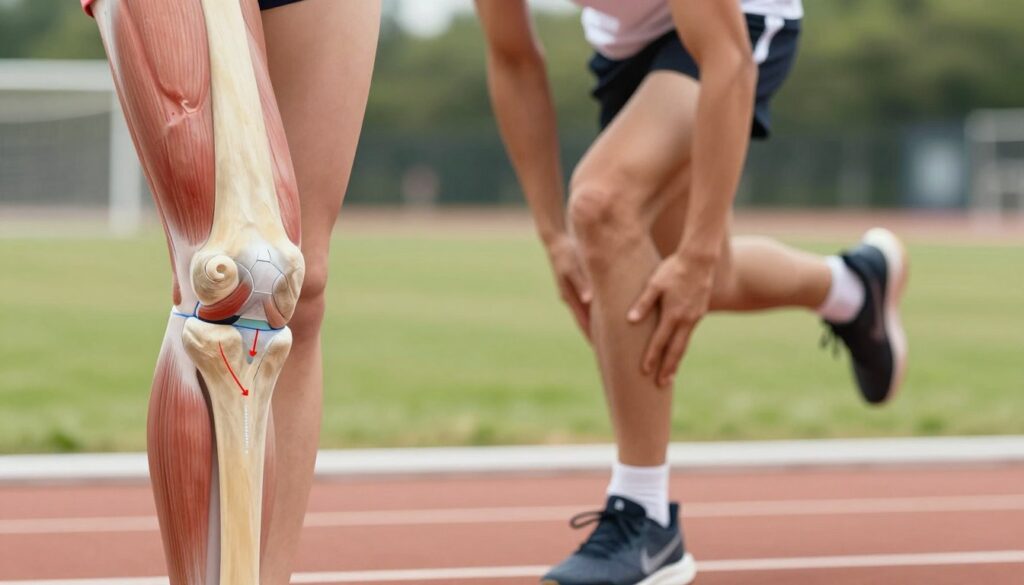 A detailed illustration of the causes of patellar ligament issues, showcasing a human knee joint in a dynamic sporting context. In the foreground, a close-up of the knee displays labeled anatomical structures, emphasizing the patellar ligament and surrounding muscles. The middle ground features an athlete in motion, wearing modest athletic attire, demonstrating a jump to symbolize stress on the knee. In the background, a blurred athletic field under bright, natural lighting suggests an outdoor sports environment, evoking a sense of action. The overall mood conveys a balance of tension and professionalism, highlighting the importance of understanding knee injuries in sports. The image should be complex yet focused, ensuring clarity in anatomical details.