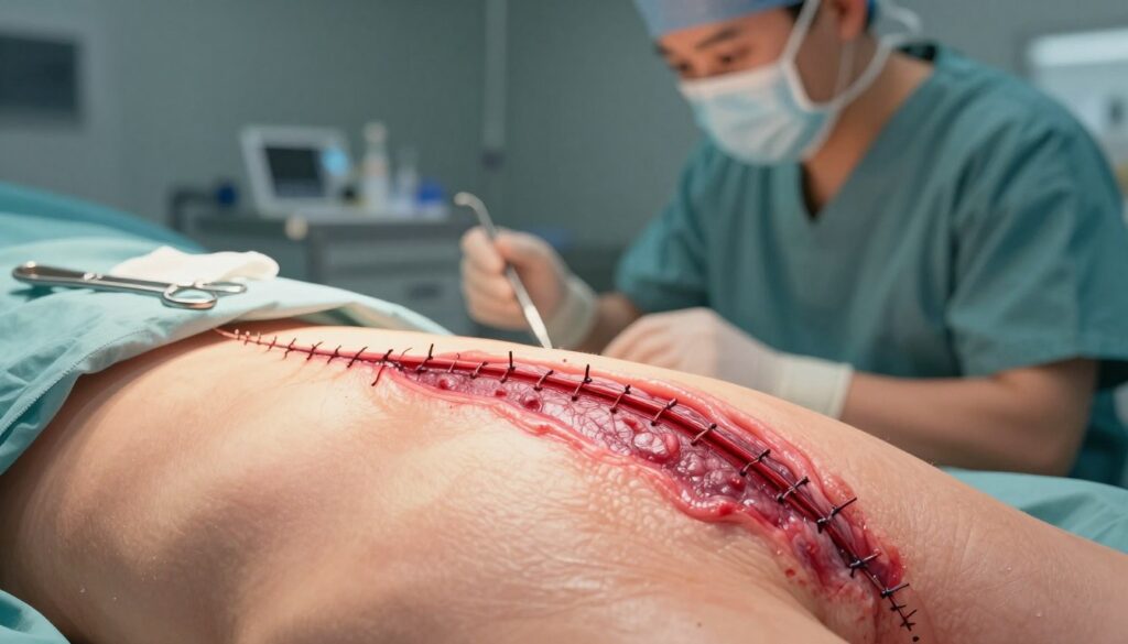 A detailed illustration of the healing process of a surgical wound, emphasizing the differences between granulation tissue and rapid healing. In the foreground, close-up of a clean surgical site with visible stitches, showcasing healthy granulation tissue in rich red and pink hues. The middle ground features a sterile environment, including surgical tools and gauze, with soft, diffused light illuminating the area. In the background, a blurry image of a healthcare professional in modest attire, observing the healing process, adds context without detracting from the main subject. The atmosphere is clinical yet calm, evoking a sense of care and professionalism. The image is well-lit, with a warm tone that highlights the textures of the skin and the intricacy of the stitches.
