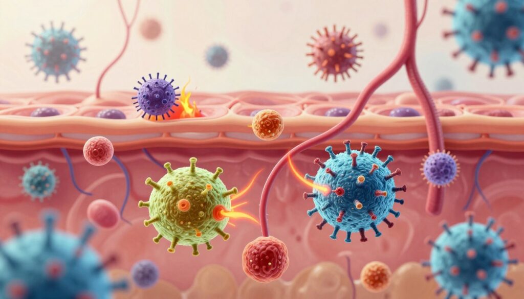 A detailed illustration of the human immune system in action, focusing on the skin’s defense mechanisms against viruses. In the foreground, vibrant immune cells, such as T-cells and macrophages, are visually represented as colorful, dynamic shapes interacting with a stylized representation of viral particles. In the middle ground, a microscopic view of skin layers shows keratinocyte cells, depicted as protective barriers with inflammation indicators. The background features an abstract representation of viral pathways and skin structure, bathed in soft, diffused lighting to convey a scientific yet engaging atmosphere. A slight depth of field effect enhances focus on the immune response, creating an informative and visually captivating scene. The mood is educational and intriguing, ideal for illustrating complex biological interactions.