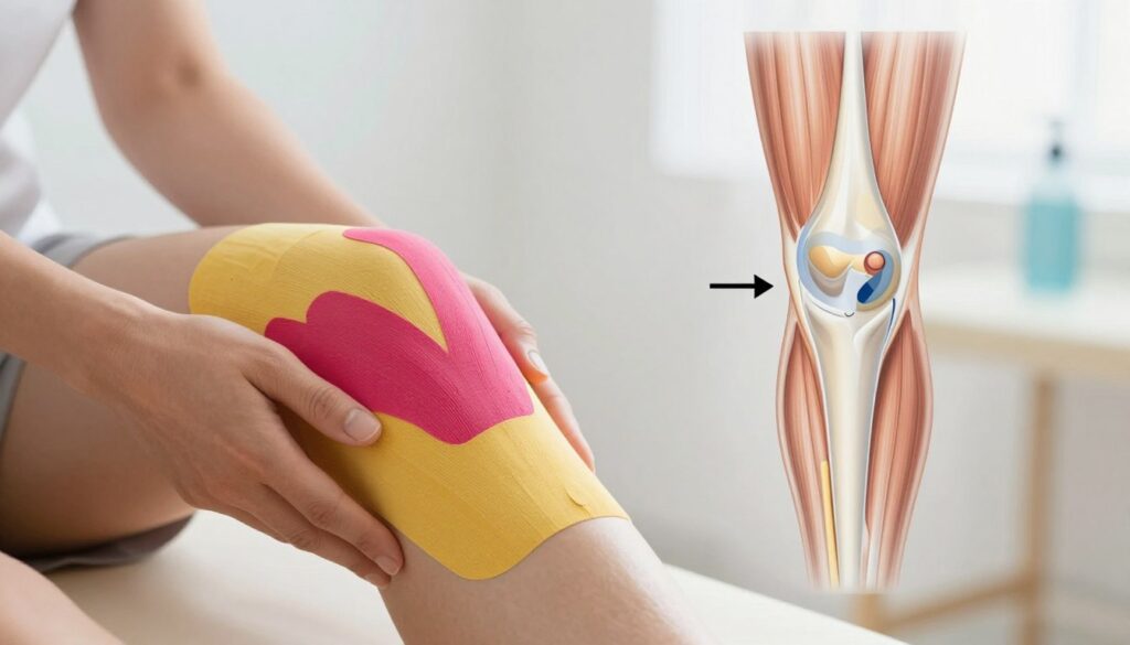 A detailed illustration of the mechanics of kinesiotaping on the knee joint. In the foreground, a close-up view of a knee wrapped with colorful kinesiology tape, showing the application technique and tension of the tape. In the middle ground, a semi-transparent diagram overlays the knee, highlighting the muscles and ligaments affected by the tape, with arrows indicating movement and support. The background features a soft-focus clinical setting, evoking a sense of rehabilitation and professional care. The lighting is bright and clinical, emphasizing clarity and detail, while a slight overhead angle enhances the perspective of the tape's application. The mood is educational and informative, aiming to engage viewers interested in kinesiotaping therapy.