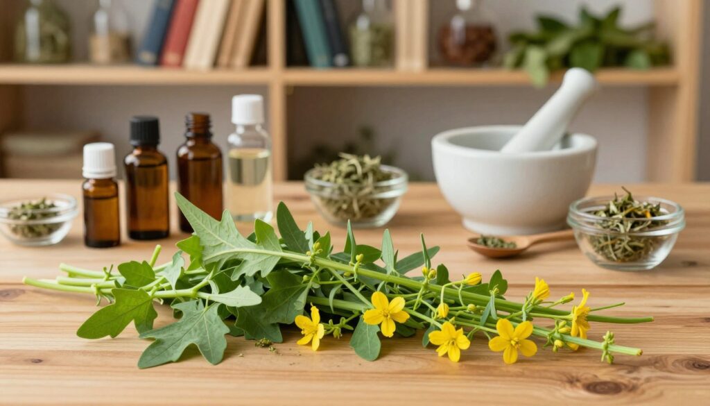 A detailed illustration of the preparation process for jaskółcze ziele (swallowwort) as a natural remedy for skin lesions. In the foreground, display fresh jaskółcze ziele plants with vibrant green leaves and small yellow flowers, meticulously arranged on a wooden table. The middle layer should show an assortment of natural ingredients and tools, such as a mortar and pestle, essential oils, and clean glass containers, suggesting an organic approach to skin treatment. In the background, softly lit shelves filled with herbal books and dried herbs create a warm, inviting atmosphere. The scene captures a sense of tranquility and professionalism, emphasizing safety in natural skincare. Use soft, natural lighting to enhance the colors and textures, shot from a slightly elevated angle to provide a comprehensive view of the arrangement.