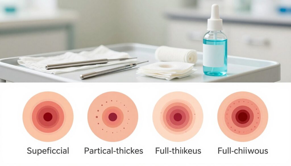 A detailed illustration of wound classification based on infection risk. In the foreground, display different types of wounds, such as superficial, partial-thickness, and full-thickness wounds. Each wound type should be clearly labeled with distinct visual characteristics—colors, textures, and depth variations. In the middle ground, include a sterile environment with medical tools like dressings and antiseptics to emphasize treatment methods. The background should feature soft, neutral colors to evoke a calm, clinical atmosphere, hinting at a medical facility. Use bright, even lighting to highlight the details of the wounds and the surrounding medical instruments. Capture the essence of caring and professionalism, ensuring the mood is informative and reassuring.