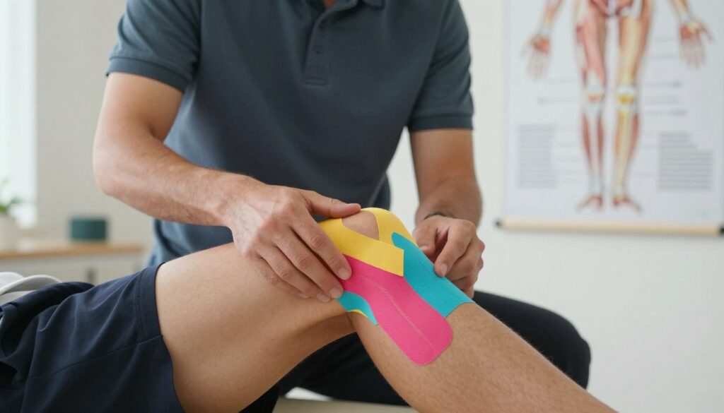 A detailed illustration showing a knee joint being treated with kinesiotape. In the foreground, highlight the knee wrapped in colorful kinesiotape, with a focus on the application technique demonstrating targeted areas for support. The middle layer should include a professional therapist, dressed in a modest polo shirt and pants, applying the tape with careful attention, showcasing their expertise. In the background, include an anatomical poster of the knee's structure to provide context. Soft, natural lighting emphasizes the professionalism of the setting, creating a calm atmosphere conducive to rehabilitation. The angle should be slightly elevated, capturing both the knee treatment and the therapist’s careful technique, inviting viewers to understand the benefits of kinesiotaping for knee rehabilitation.