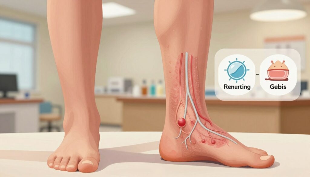 A detailed illustration showing the development of varicose veins in the lower leg. In the foreground, emphasize an anatomical representation of a healthy leg contrasting with a leg displaying early signs of varicose veins, showcasing the network of dilated veins and surrounding tissue. In the middle ground, include subtle infographics highlighting common causes such as prolonged standing, genetics, and obesity, presented in a visually appealing way. The background should feature a soft-focus clinical setting with warm, inviting lighting to create an informative and professional atmosphere. Capture the scene with a slight overhead angle, using a shallow depth of field to draw attention to the legs. The mood should be educational and approachable, aiming to demystify the condition for readers.
