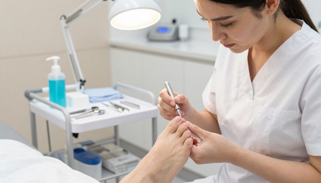 A detailed image showcasing a podiatrist performing mechanical nail cleaning on a patient's toenails in a clinical setting. In the foreground, focus on the podiatrist, a professional dressed in white scrubs, using specialized tools to carefully clean the toenails. The patient's foot should be subtly visible, ensuring respect and modesty. In the middle ground, include a well-organized treatment table with nail care instruments, a sanitizing solution, and a lamp providing bright yet soft lighting, illustrating a sterile and professional atmosphere. In the background, a clean, modern podiatry clinic can be seen, with equipment and calming colors that promote a sense of trust and care. The overall mood should be reassuring and professional, capturing the importance of podiatric care in addressing nail health issues.