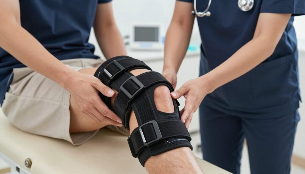 A detailed image showcasing a rigid knee brace, prominently displayed in the foreground against a neutral backdrop. The brace should be designed with durable materials, featuring adjustable straps and a sophisticated locking mechanism to highlight its clinical functionality. In the middle ground, a healthcare professional is gently demonstrating the application of the brace to a patient’s leg, both dressed in smart casual attire to convey a professional atmosphere. The background should mimic a clinical setting, with medical equipment subtly visible, suggesting an environment focused on rehabilitation. Utilize soft lighting to create a calm, reassuring atmosphere, capturing the seriousness of knee injuries while emphasizing the supportive role of the brace in the healing process. The angle should be slightly elevated, providing a comprehensive view of the brace and its application.