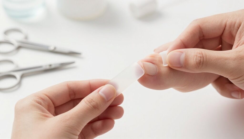 A detailed instructional image depicting the process of fitting a corrective nail tube for ingrown toenails. In the foreground, show a well-groomed hand holding a translucent corrective tube, demonstrating its size and application. In the middle ground, depict a close-up of a foot with an ingrown toenail, clearly illustrating the positioning of the tube, and the tools needed for the procedure, like scissors and cotton. The background should be softly blurred, featuring a clean, well-lit clinical setting, enhancing a professional atmosphere. Use soft, natural lighting to create a calm and informative mood, focusing on clarity and precision in the illustration. Ensure no human subjects are present in the image.