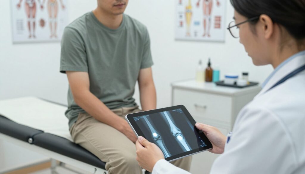 A detailed medical examination scene focusing on the diagnostic assessment of a Baker's cyst in the knee. In the foreground, a healthcare professional, wearing a white lab coat and glasses, examines an X-ray of a knee on a digital tablet, showcasing the cyst's location with highlights. In the middle, a patient sits on an examination table, wearing modest casual clothing, attentively listening to the doctor. The background features a well-equipped medical room with anatomical charts of the knee joint displayed on the walls and medical instruments on a counter. Soft, natural lighting highlights the focus on the doctor and patient, creating a professional yet approachable atmosphere, captured from a slightly elevated angle to emphasize the interaction.