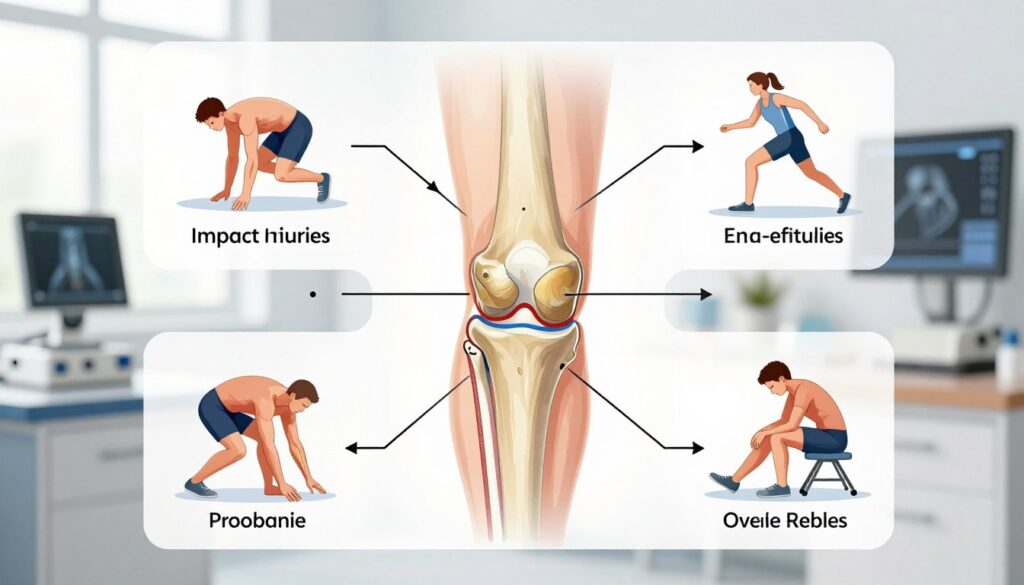 A detailed medical illustration depicting the causes of patellar fractures. In the foreground, an anatomical diagram of a knee joint, highlighting the patella in a clear and accurate manner. Surrounding it, illustrations of common causes such as impact injuries (like a fall), sports-related trauma (showing athletes in motion), and overuse injuries (depicting repetitive stress scenarios). The middle layer includes anatomical labels pointing to ligaments and tendons involved in knee mechanics, with arrows indicating stress points. The background is a blurred clinical setting, featuring tools like an X-ray machine and visual aids, conveying a medical atmosphere. Bright, natural lighting enhances clarity, while a slight shadow adds depth. The overall mood should be informative and professional, suitable for an educational article.