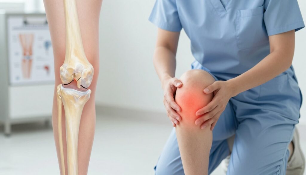 A detailed medical illustration depicting the symptoms of a locked knee joint, emphasizing pain and limited mobility. In the foreground, show a knee joint with visible swelling and inflammation, highlighted with arrows pointing to areas of discomfort. In the middle ground, include a professional individual in modest attire kneeling, examining their knee, conveying a sense of concern and seriousness. The background should feature a soft-focus clinical setting, with medical charts related to knee assessments. Lighting should be bright and neutral, suggesting a clinical atmosphere. The mood should evoke a sense of urgency for medical attention, reinforcing the importance of recognizing knee symptoms.