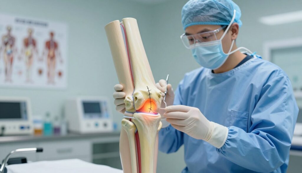 A detailed medical illustration of a knee injury focusing on a fractured patella (kneecap). In the foreground, a realistic anatomical model of a knee joint, highlighting the patella with clear signs of fracture lines, surrounded by detailed ligaments and tendons. The middle ground features an orthopedic surgeon in professional attire examining the knee with a medical tool. The background is a clinical setting with anatomical charts and typical medical equipment, softly lit to create a sterile, professional atmosphere. The angle should be slightly above the knee, providing a clear view of the injury while maintaining a focus on the medical examination process. The mood is serious and informative, emphasizing the importance of understanding knee injuries.