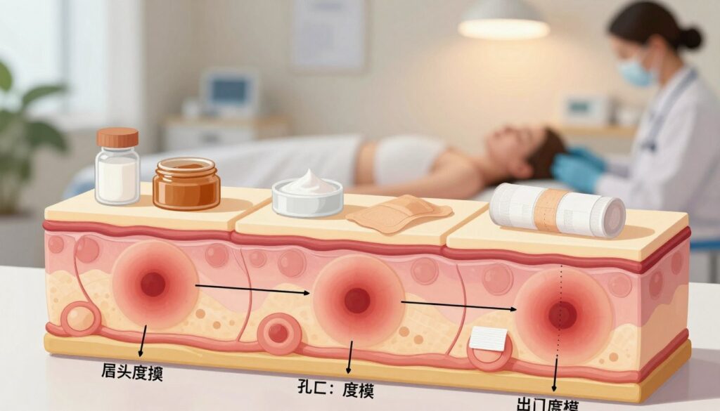 A detailed medical illustration showcasing the different types of burns: first-degree, second-degree, and third-degree. In the foreground, depict a clear, labeled diagram of human skin layers affected by each type of burn, highlighting the varying degrees of damage. In the middle ground, incorporate soft-focus images of burn treatment methods, such as topical ointments and bandages, to suggest care and healing. In the background, a soothing clinical environment with a warm light, giving a sense of safety and professionalism. Use a slightly elevated angle to capture the entire composition clearly. The atmosphere should be calm and informative, aimed at educating viewers about burn types and their impacts on healing time.