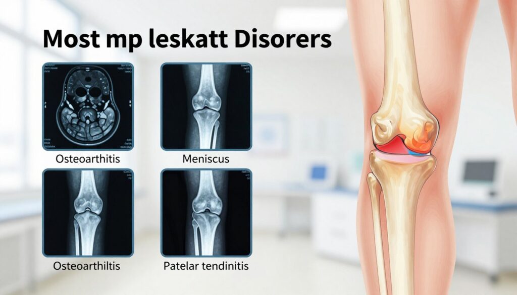 A detailed medical illustration showcasing the most common knee joint disorders, such as osteoarthritis, meniscus tears, and patellar tendinitis. In the foreground, display a clear, labeled anatomical diagram of a human knee joint, highlighting areas of inflammation, wear, and injury, with subtle color coding. In the middle ground, include illustrations of diagnostic tools like an MRI and X-ray images showing abnormal findings in the knee. The background should be a soft, blurred clinical setting, hinting at a healthcare environment with neutral colors to maintain focus on the knee joint. Use bright, even lighting to enhance clarity, and maintain a professional, educational mood. Emphasize anatomical accuracy and clarity without any text or distractions.