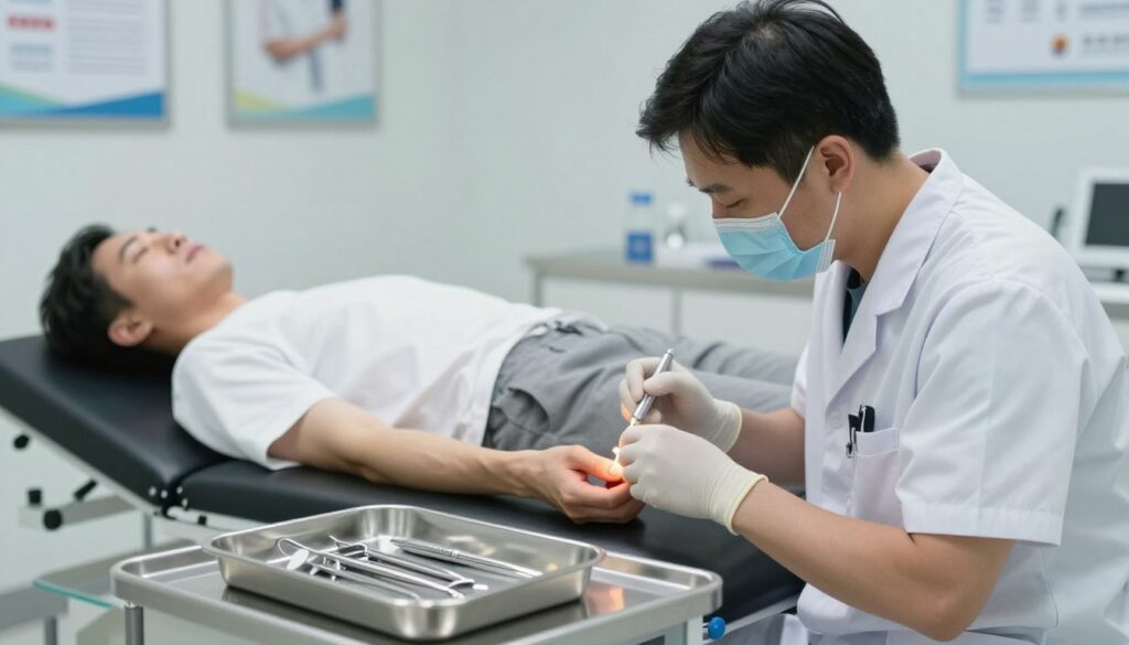 A detailed medical scene depicting the process of abscess drainage. In the foreground, a well-lit examination room shows a healthcare professional in a clean, professional attire, carefully performing a drainage procedure. The medical tools are organized neatly on a nearby sterile tray, reflecting a sense of precision. In the middle ground, an anesthetized patient lies comfortably on an examination table, their arm exposed, and the physician's focus on the area being treated. The background is softly blurred, showcasing medical posters and equipment on the walls, enhancing the clinical atmosphere. The lighting is bright and clinical, emphasizing the cleanliness and professionalism of the environment. The mood conveys trust and care, reflecting a serious yet calm approach to the surgical procedure.