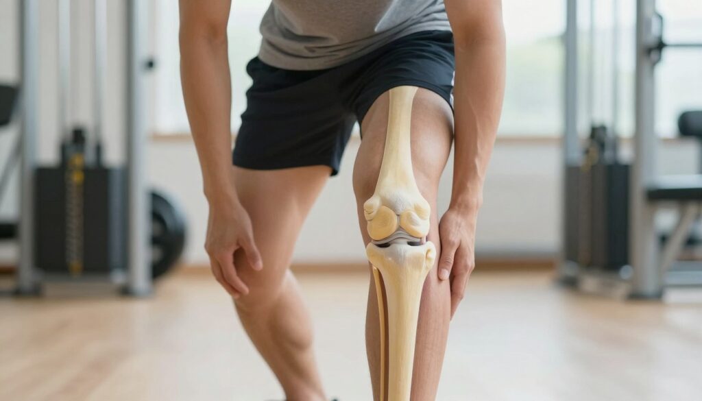 A detailed representation of a human knee joint, emphasizing the patella and surrounding tissues, in a well-lit environment. The foreground features a close-up of the knee, showcasing anatomical details such as ligaments and cartilage. The middle ground displays a subtle figure in modest athletic clothing, engaged in a light stretching exercise to illustrate physical activity's impact on knee health. The background includes a soft-focus gym setting with exercise equipment, creating an active, health-focused atmosphere. The lighting is bright and natural, suggesting vitality and energy. Capture the image from a slightly elevated angle to highlight the knee's anatomy while also hinting at the significance of movement in maintaining joint condition. The overall mood should be informative yet encouraging, inviting the viewer to consider the importance of physical activity for knee wellness.