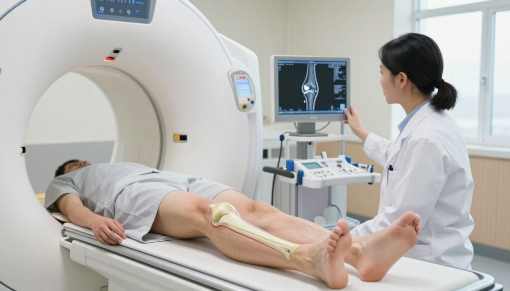 A detailed view of a knee joint undergoing Magnetic Resonance Imaging (MRI) in a clinical setting. In the foreground, focus on an MRI machine with a knee positioned inside the imaging chamber, showcasing the intricate details of the knee anatomy such as ligaments, cartilage, and bone structure. The middle ground displays a medical professional in a lab coat, attentively observing the MRI monitor, reflecting a sense of professionalism and expertise. The background features a softly lit hospital room, equipped with medical instruments, and a calming atmosphere. Use bright, natural lighting to create a clean, clinical ambiance. Capture the scene from a slightly elevated angle to emphasize both the technology and the human element in the diagnostic process. The mood is informative and reassuring, embodying trust in advanced medical technology.