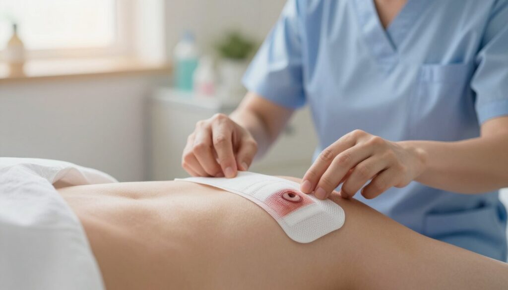 A detailed view of a medical dressing, prominently featuring a fresh surgical wound care scenario in a calm, clinical setting. In the foreground, a sterile bandage is neatly applied over a healing incision, showcasing the texture and materials of the dressing. The middle ground introduces a medical professional in modest attire, gently inspecting the bandage, conveying an attentive and caring demeanor. The background includes a softly lit, organized medical room, with subtle hints of healing supplies and soft pastel colors to evoke a sense of comfort and safety. Natural light filters through a window, casting a warm glow, enhancing the caring atmosphere of post-operative recovery.