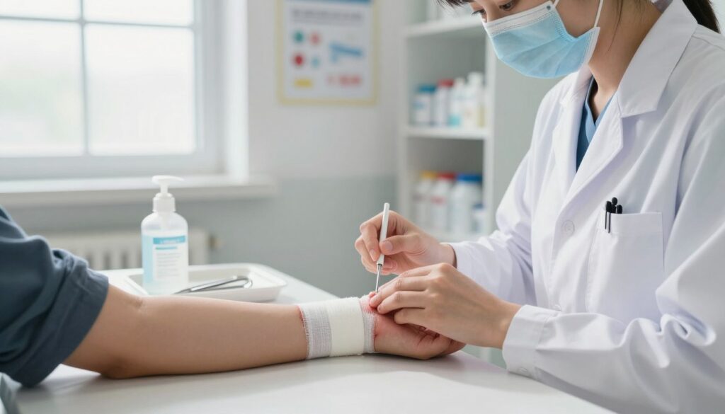 A detailed visual representation of wound cleansing: in the foreground, a healthcare professional wearing a white lab coat gently cleans a bandaged wound on a patient's arm, with sterile instruments and antiseptic solution on a tray nearby. In the middle ground, a medical office setting is visible, featuring bright, natural lighting streaming in through a window, illuminating the scene and creating a calm atmosphere. The background includes shelves lined with medical supplies and educational posters about wound care. The overall mood is focused and professional, conveying the serious yet essential nature of wound management in preventing infections. The angle is slightly above eye level, providing a comprehensive view of the procedure without distractions.