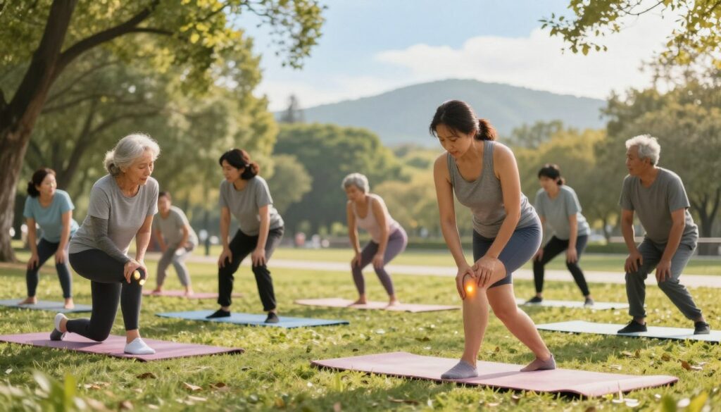 A dynamic and engaging scene showcasing a group of individuals participating in knee-friendly physical activities, such as gentle stretching, yoga, and low-impact exercises. The foreground features a diverse group of people of varying ages and fitness levels, dressed in professional athletic attire, demonstrating proper techniques to maintain healthy knees. In the middle ground, a serene park setting unfolds, with lush greenery, soft sunlight filtering through the trees, creating a warm and inviting atmosphere. The background includes soft hills and a clear blue sky, enhancing the sense of tranquility. The composition should be well-lit, with a focus on natural lighting, capturing the essence of a healthy lifestyle while promoting knee joint health. Aim for a comforting and motivational mood, inspiring viewers to engage in friendly physical activities that benefit their joints.