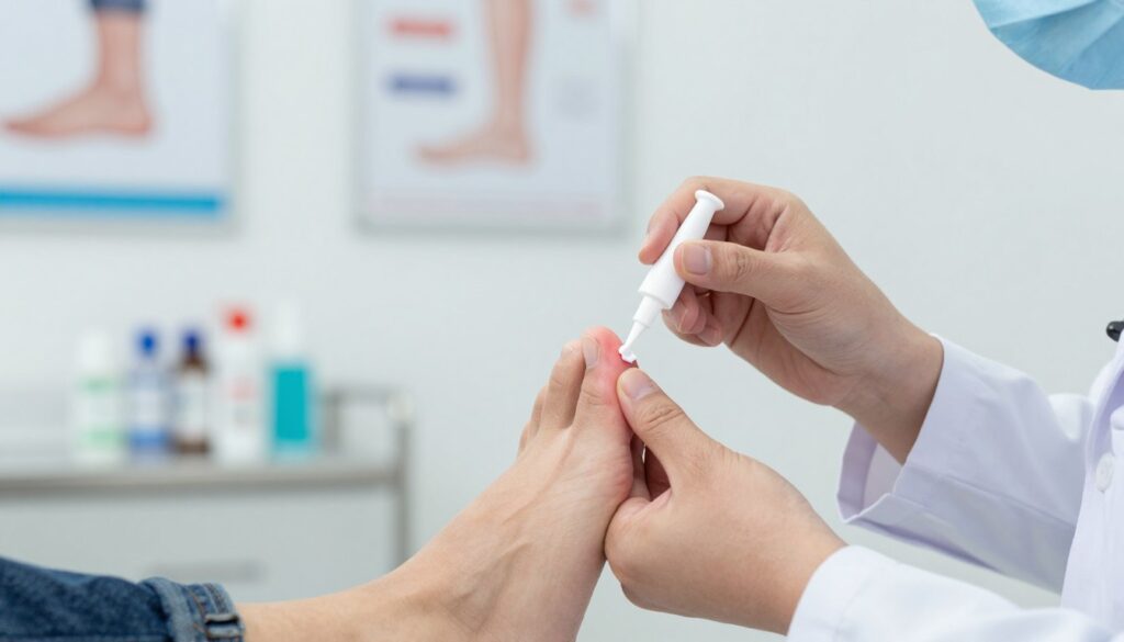A focused and professional setting depicts a clinical environment where a healthcare professional, dressed in a white lab coat, is applying an antibiotic ointment to an infected toenail on a patient’s foot. The foreground showcases the activity of the healthcare worker, with careful attention to detail in their hands applying the ointment using a sterile applicator. The middle ground features the patient's foot, clearly showing the affected toenail with redness and swelling, emphasizing the correct technique of applying the ointment. In the background, a softly blurred clinic setting with medical supplies and posters related to foot care adds context without distraction. The lighting is bright and clinical, evoking a sense of cleanliness and professionalism, while capturing a calm and caring atmosphere suitable for a medical procedure.