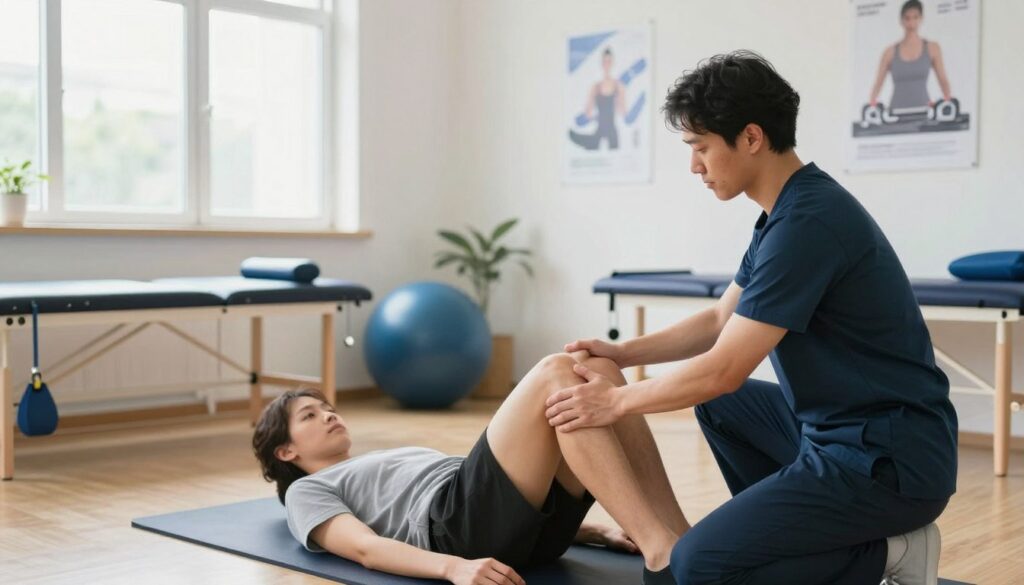 A focused and serene physical therapy session for knee arthroscopy rehabilitation. In the foreground, a patient in modest athletic wear performs gentle knee exercises under the guidance of a qualified physiotherapist, both displaying a sense of determination and care. The middle ground features specialized rehabilitation equipment like resistance bands and exercise mats. The background shows a well-lit, organized therapy room with motivational posters and soft natural light filtering in through large windows, creating an encouraging atmosphere. The angle is slightly elevated, capturing both the interaction and the surrounding environment, emphasizing a professional and supportive vibe conducive to recovery. The overall mood conveys hope and progress, ideal for illustrating key stages of rehabilitation after knee arthroscopy.