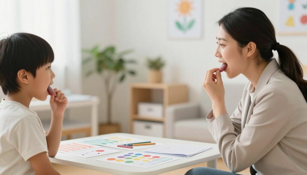 A focused and serene setting depicting a speech therapist guiding a young child through tongue exercises. In the foreground, the therapist, a woman in professional attire, demonstrates a simple tongue movement, her expression encouraging and supportive. The child, dressed in comfortable casual clothing, follows her lead, showing determination. In the middle ground, various speech therapy tools, such as colorful visual aids and exercise charts, are arranged neatly on a table. The background features a well-lit therapy room with soft, calming colors, possibly with plants or educational posters on the walls. The overall atmosphere is one of nurturing and growth, highlighting the importance of these exercises in the healing process. Soft, natural lighting enhances the warmth of the scene, suggesting a positive and hopeful environment for recovery. A focused and serene setting depicting a speech therapist guiding a young child through tongue exercises. In the foreground, the therapist, a woman in professional attire, demonstrates a simple tongue movement, her expression encouraging and supportive. The child, dressed in comfortable casual clothing, follows her lead, showing determination. In the middle ground, various speech therapy tools, such as colorful visual aids and exercise charts, are arranged neatly on a table. The background features a well-lit therapy room with soft, calming colors, possibly with plants or educational posters on the walls. The overall atmosphere is one of nurturing and growth, highlighting the importance of these exercises in the healing process. Soft, natural lighting enhances the warmth of the scene, suggesting a positive and hopeful environment for recovery.