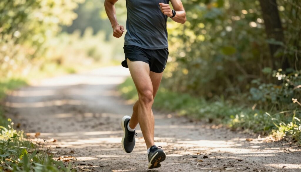 A focused, athletic runner displaying ideal running form on a picturesque trail. In the foreground, the runner is wearing a fitted, moisture-wicking shirt and supportive shorts, showcasing proper posture with an upright torso and relaxed shoulders. The middle ground captures the runner's feet, making contact with the ground in a dynamic stride, highlighting their foot placement and leg movement. The background reveals a serene landscape with soft sunlight filtering through trees, creating dappled light patterns on the path. The atmosphere is energetic and inspiring, emphasizing the importance of running technique in preventing injuries. The scene should use natural lighting to enhance colors and textures, shot from a low-angle perspective to emphasize the movement and power of the runner.