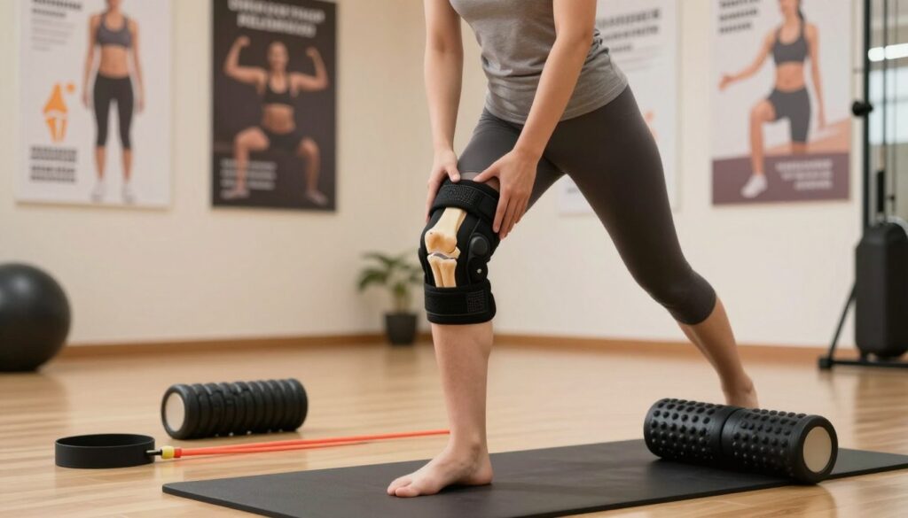 A focused depiction of knee joint protection, highlighting preventative measures against strain. In the foreground, a pair of knees in a knee brace, showcasing proper support for the joint, surrounded by exercise equipment like resistance bands and a foam roller. The middle ground features a well-lit gym environment with a person, dressed in professional athletic attire, demonstrating gentle stretching exercises for the knees. The background shows fitness posters emphasizing joint health and stability. Soft, warm lighting creates a motivational atmosphere, while the angle captures both the human element and the supportive tools. The overall mood is hopeful and educational, encouraging proactive care for knee joints.