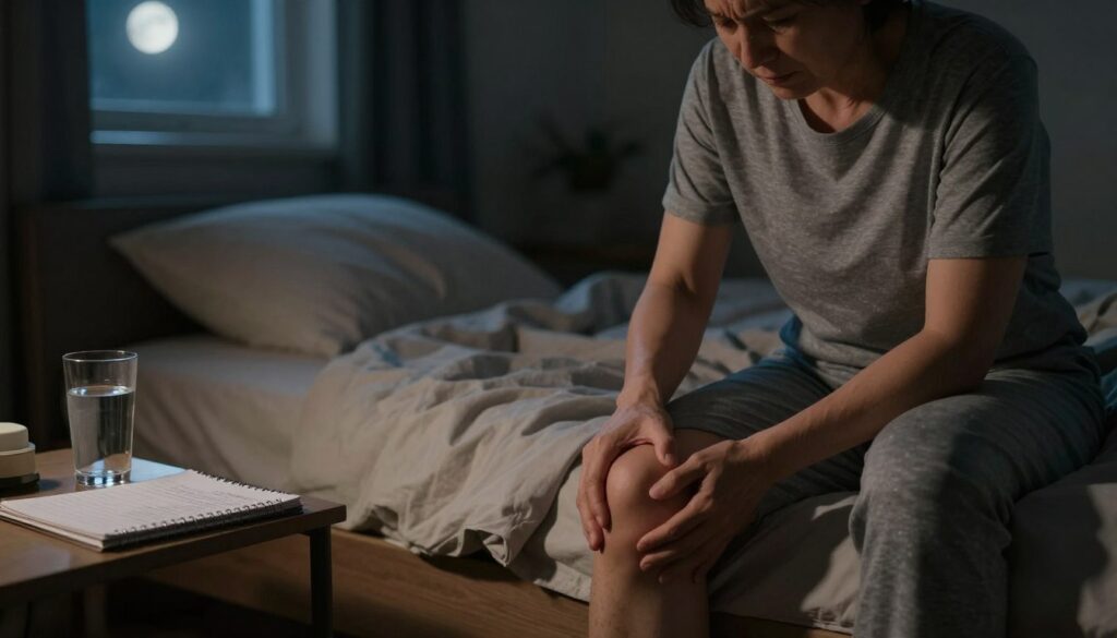 A focused image of a person experiencing knee pain during the night, depicted in a dimly lit bedroom setting. In the foreground, show the individual, a middle-aged person in modest loungewear, seated on the edge of the bed with a pained expression, gently holding their knee. The middle area features an unmade bed with soft, muted bedding, and a bedside table holding a glass of water and a notepad with medication reminders. In the background, a shadowy window reveals the moonlight filtering in, casting soft shadows across the room. The overall atmosphere should convey a sense of discomfort and reflection, using soft lighting to create a somber yet intimate mood. The angle should be slightly elevated to capture the subject's expression and the room's context effectively.