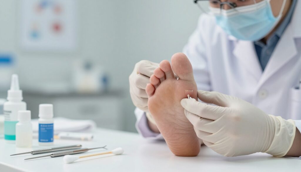 A focused medical illustration depicting the treatment of toenail fungus. In the foreground, feature a close-up of sterile medical tools such as a scalpel, antifungal ointments, and cotton swabs placed neatly on a clean white surface. In the middle ground, show a healthy foot with a single toenail being examined by a medical professional in a white lab coat, wearing gloves and looking intently at the nail. The background should be softly blurred to suggest a clinical environment, with subtle hints of a treatment room, including medical charts and soft, diffused lighting that creates a calm atmosphere. The overall mood is professional and inviting, conveying a sense of care and modern therapeutic practices.