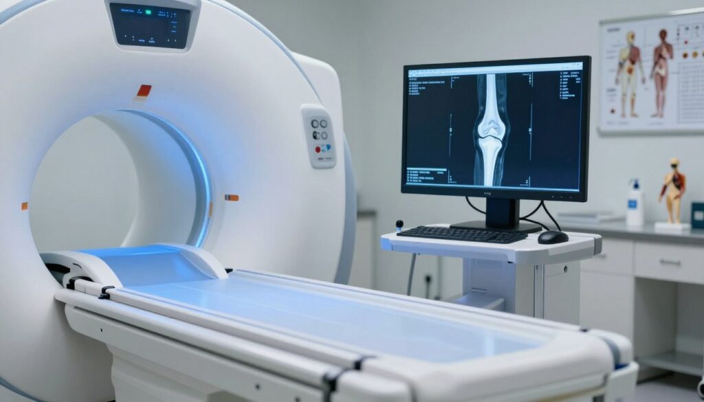 A focused medical imaging scene depicting advanced imaging techniques for knee diagnostics. In the foreground, a sleek MRI machine with a soft blue light illuminating the pathway, surrounded by a sterile clinical environment. In the middle, a detailed view of a computer screen showcasing a high-resolution knee scan, with highlighted areas indicating potential issues. The background includes subtle medical paraphernalia, like charts and anatomical models, reinforcing the diagnostic theme. The atmosphere is calm and professional, suggesting expertise and precision in medical diagnostics. The lighting is bright yet soft, enhancing the clinical setting without harsh reflections. No human figures are present, emphasizing the technology and its applications in knee imaging.