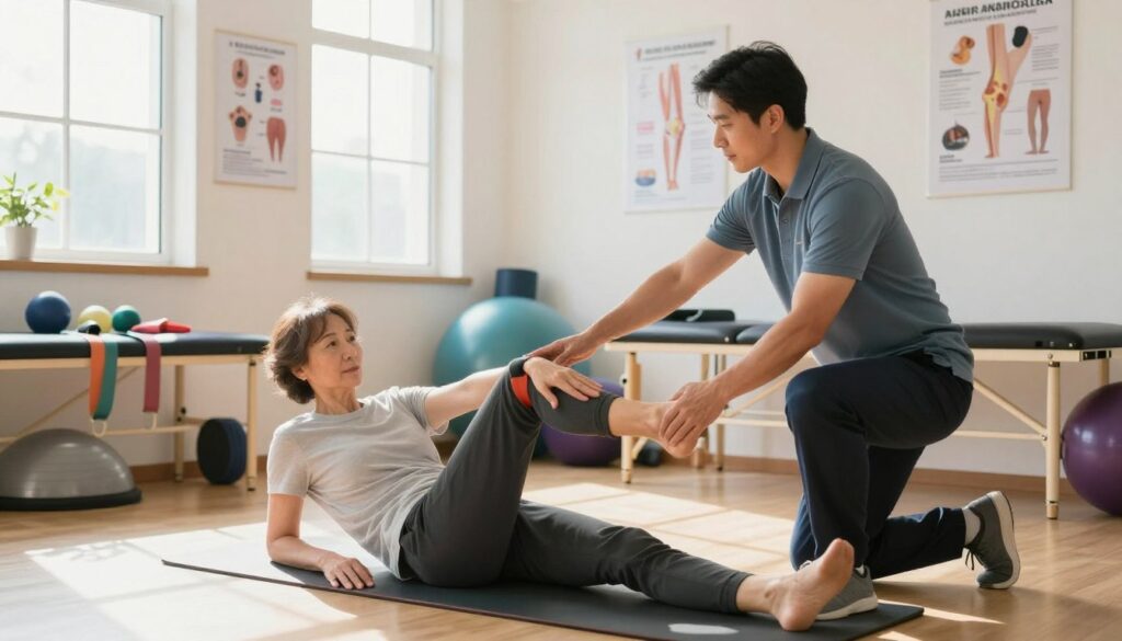 A focused physical therapy session for knee rehabilitation in a bright, well-lit clinic. In the foreground, a middle-aged patient wearing comfortable, modest athletic attire performs exercises on a therapy mat, guided by a professional therapist dressed in a polo shirt and slacks. The therapist demonstrates stretches and strengthening techniques, emphasizing proper form. In the middle-ground, various rehabilitation equipment like resistance bands and stability balls are neatly organized. The background features reassuring medical posters on the walls that highlight knee anatomy and rehabilitation exercises, enhancing the educational atmosphere. Soft, natural light filters through large windows, creating a warm and inviting mood that promotes healing and recovery. The overall composition showcases an encouraging environment for rehabilitation, emphasizing teamwork and supportive care.
