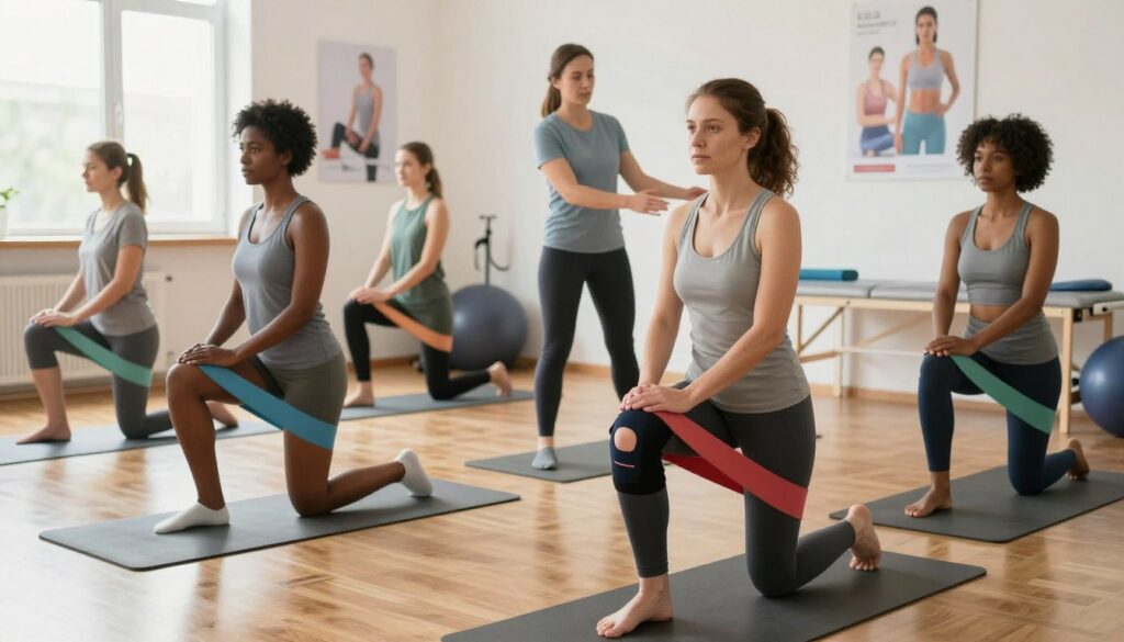 A focused physiotherapy session highlighting resistance bands for knee rehabilitation. In the foreground, a diverse group of individuals in professional, modest athletic attire perform various exercises using colorful resistance bands on a soft exercise mat. In the middle ground, a physiotherapist demonstrates correct techniques while providing guidance, all set in a well-lit clinic environment with wooden floors and exercise equipment. The background shows motivational posters related to fitness and rehabilitation. Soft, natural light filters through windows, creating an uplifting and encouraging atmosphere. The image captures the importance of using resistance bands for pain relief and mobility improvement in knee rehabilitation.