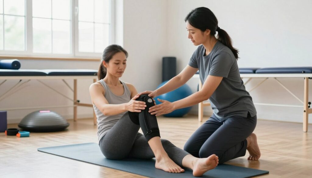 A focused scene depicting a physiotherapy session for conservative treatment of a knee sprain. In the foreground, a physical therapist in professional attire demonstrates stretching exercises with a patient, who is also dressed in modest athletic wear. They are on a yoga mat, showcasing a gentle, supportive atmosphere. In the middle ground, various rehabilitation tools, like resistance bands and a balance board, are neatly arranged. The background features a bright, well-lit gym or therapy room with large windows allowing natural light to illuminate the space, creating a warm, inviting mood. The angle captures both the therapist and the patient, emphasizing their interaction and the essence of rehabilitation techniques.