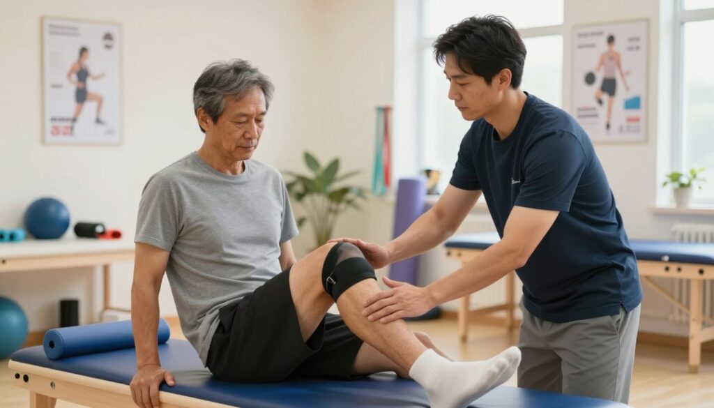 A focused scene of a knee rehabilitation session in a well-lit physiotherapy clinic. In the foreground, a middle-aged male patient wearing modest athletic wear performs leg exercises with the guidance of a professional physical therapist in smart casual clothing. The therapist demonstrates proper techniques, emphasizing support and encouragement. In the middle ground, various rehabilitation equipment like resistance bands and foam rollers are visible, showcasing a range of therapeutic tools. The background features soft, calming colors, with motivational posters on the walls. The lighting is bright yet soft, creating a warm and inviting atmosphere. The angle captures the interaction between the patient and therapist, highlighting the importance of guidance in the rehabilitation process.