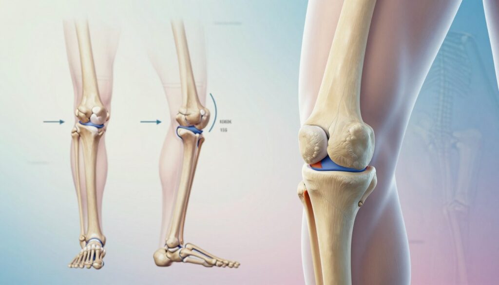 A highly detailed anatomical illustration of the mechanics of the human knee joint, focusing on the structure and movement of the knee. In the foreground, depict a realistic 3D model of the knee joint, showing the femur, tibia, fibula, and patella, along with ligaments and tendons, accurately labeled. In the middle ground, illustrate the movement of the knee through various degrees of flexion and extension, using arrows to indicate motion paths. The background should feature a soft-gradient educational setting, with subtle hints of skeletal diagrams, emphasizing a clinical atmosphere. Utilize soft, natural lighting to enhance the anatomical details, capturing a professional yet accessible mood. The angle should provide a slightly elevated view to convey depth while maintaining clarity of the knee mechanics.