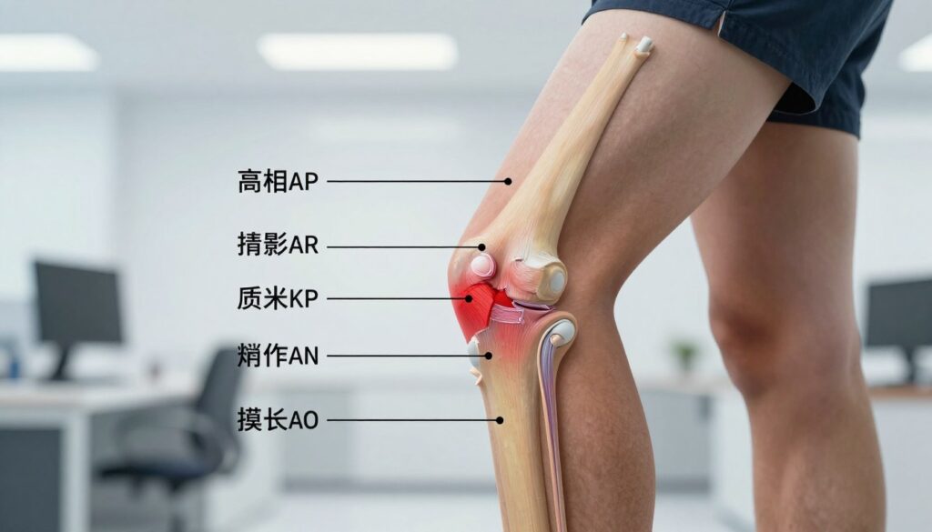 A highly detailed depiction of a human knee joint showcasing mechanical injury. In the foreground, illustrate the knee from a close angle, highlighting the ligaments and tendons with subtle tears and swelling to indicate injury. In the middle layer, include anatomical labels for better understanding and use colors like red for inflammation. The background should softly fade into a blurred office environment, suggesting clinical examination conditions. The lighting is bright and clinical, simulating spotlights often found in medical settings, with a slight shadow to give depth. The mood is serious, aiming to convey the impact of mechanical injuries on the knee, emphasizing the importance of treatment. The scene should be professional and educational, devoid of any text or markings.