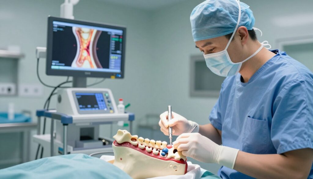 A highly detailed medical illustration depicting advanced bone augmentation techniques. In the foreground, a skilled surgeon in professional scrubs meticulously operates on a 3D model of a human skeletal structure, showcasing precision tools and augmentative materials. The middle ground features a well-lit surgical environment with high-tech equipment, including a digital imaging display highlighting bone regeneration progress. In the background, a clean and sterile surgical room is visible, emphasizing a clinical atmosphere. Soft, diffused lighting creates a focused yet calm mood, suggesting professionalism and expertise. The angle is slightly elevated, capturing both the surgical procedure and the intricate details of the bone being augmented, ensuring a clear, educational representation of advanced tissue reconstruction methods.