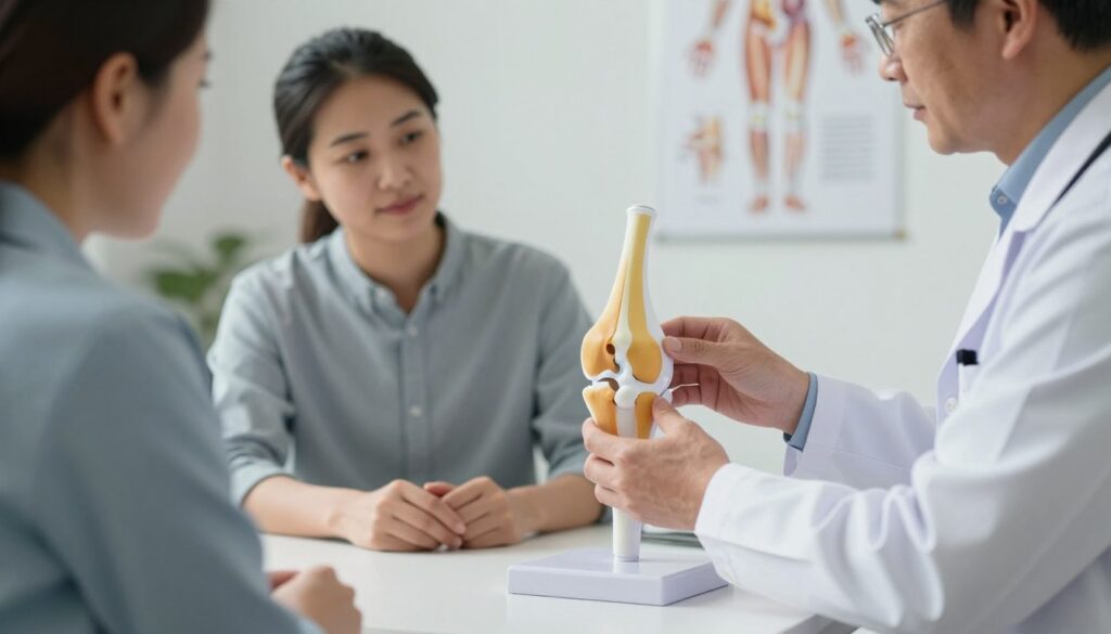 A medical consultation scene focusing on knee joint diagnostics, featuring a physician and a patient in a clinical setting. The physician, a middle-aged person in a white coat, examines an anatomical knee model on the desk while discussing the accumulation of fluid around the joint. In the background, soft lighting creates a calm atmosphere, highlighting medical charts and a human anatomical poster related to joint health. The foreground shows a close-up of the model, emphasizing the knee structure, while the middle section captures the interaction between the doctor and patient, who is dressed in modest casual clothing. The angle is slightly elevated to provide an overview of the consultation, imparting a professional, informative mood.